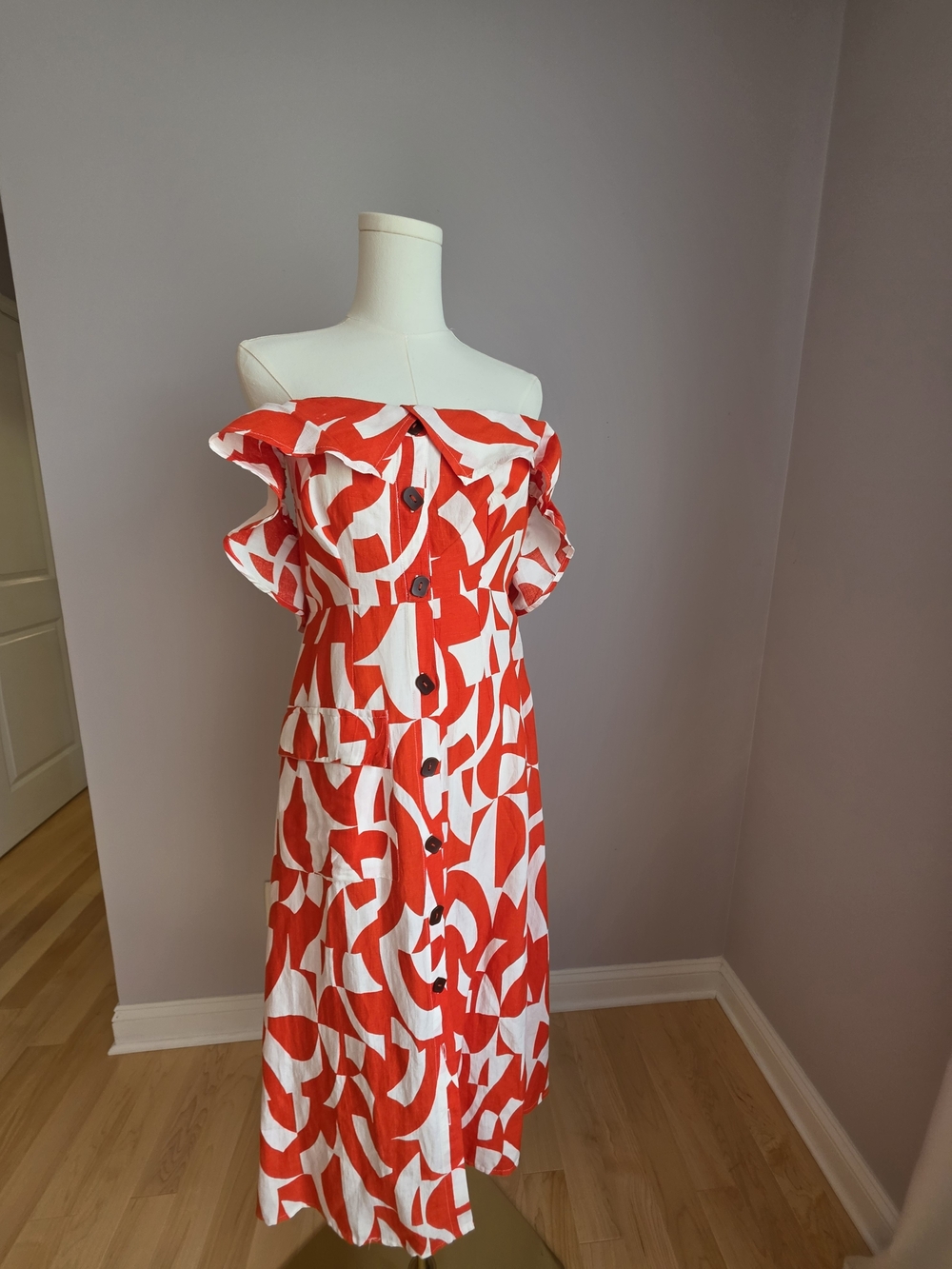 Anthropologie Red & White Off-Shoulder Button-Front Midi Dress